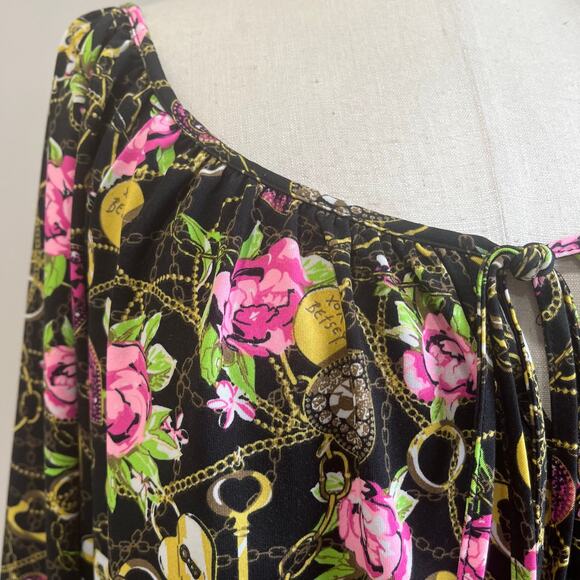 Betsey Johnson Floral Chain Print Blouson Top XL Pink Roses Boho Glam - Picture 5 of 10